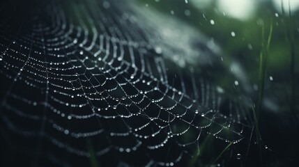 A spiderweb covered in dew, representing the interconnectedness of thoughts and feelings.