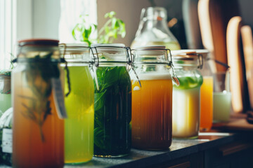 Variety of homemade fermented drinks in the glass bottles and jars, healthy organic probiotic beverage