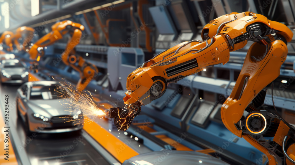 Poster car assembly line with multiple robotic arms actively welding and assembling a car in a modern autom