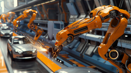 Fototapeta premium car assembly line with multiple robotic arms actively welding and assembling a car in a modern automobile factory.