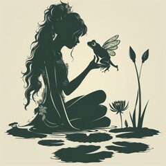 fata elfa, sagoma scura con decori di foglie rane e farfalle, logo sui sfondo bianco