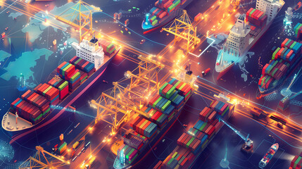 Global trade and commerce, diverse scenes of international business transactions, shipping activities, and digital trade platforms