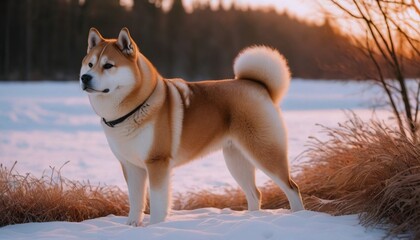 Akita inu, dog at dawn, purebred dog in nature, happy dog, beautiful dog