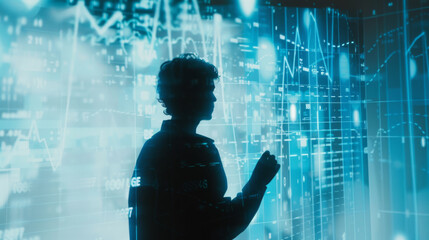 silhouette of a person's profile is overlaid with a futuristic graphic of glowing blue digital data