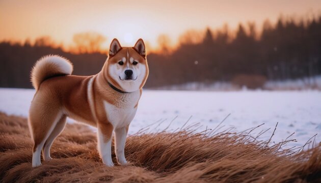 Akita inu, dog at dawn, purebred dog in nature, happy dog, beautiful dog