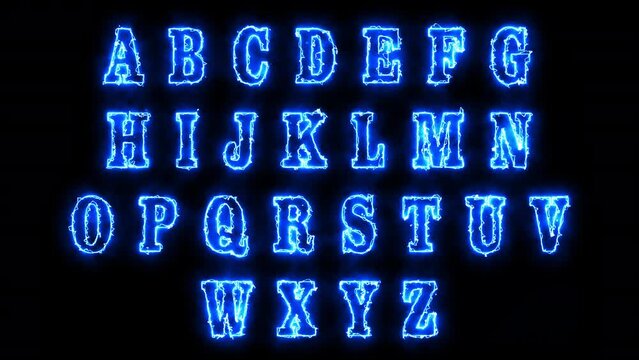 ABC Alphabet letters with blue fire flames animated on alpha channel transparent background