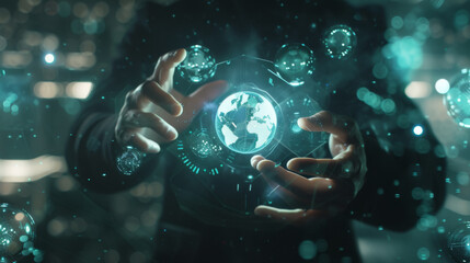 person is interacting with a futuristic holographic interface with digital icons and a glowing globe at their fingertips.