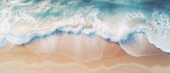 Aerial View of Ocean Waves Meeting Sandy Beach with Foam and Clear Turquoise Water