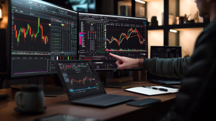 trader analyzing financial markets with multiple computer screens displaying real-time trading data, charts, and graphs.