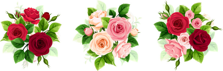 Roses. Red, pink, and white rose flowers and green leaves isolated on a white background. Set of vector design elements