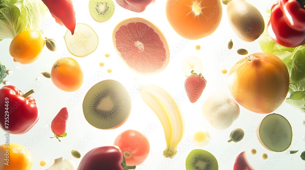 Poster generative ai : wide collage of fresh fruits and vegetables for layout isolated on white background.