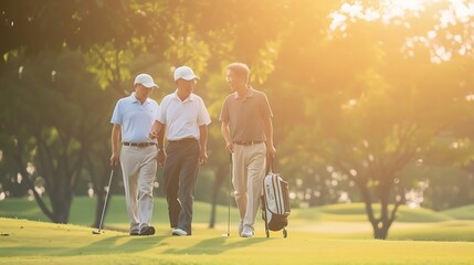 Generative AI : Group of Asian people businessman and senior CEO enjoy outdoor sport golfing together at country club.