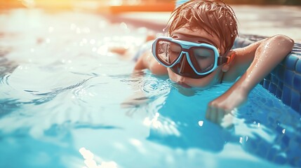 Fototapeta premium Generative AI : A boy in a swimming pool with a mask and snorkel holds on to the edge and dives into the pool. Summer fun by the pool. 