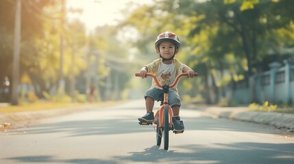 Generative AI : Learning to ride a bike concept, The little boy is practicing cycling a bicycle with the training wheels on the road. - obrazy, fototapety, plakaty