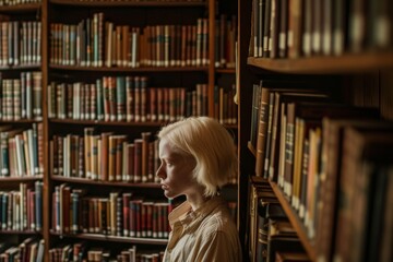 A woman's love for literature radiates as she stands before a towering bookcase in a public library, her face reflecting the endless possibilities of shelving filled with publications and bookselling