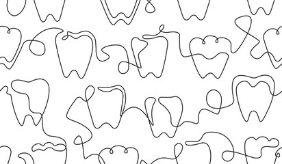 Seamless Pattern with Teeth. Vector Background in continuous line drawing style on dental theme.  - obrazy, fototapety, plakaty