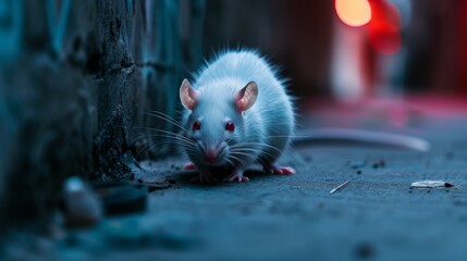 A lone white rat scurries across the cold concrete, a symbol of survival and adaptability in the urban landscape amidst its rodent relatives of hamsters, packrats, dormice, gerbils, and mice on the g
