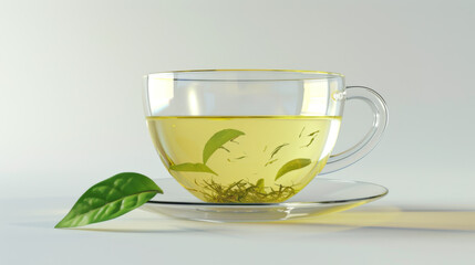 Transparent glass cup filled with clear liquid and green mint leaves