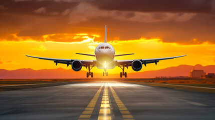 Plane comes in to land against sunset background. Civil airliner takes off. Passenger plane near...