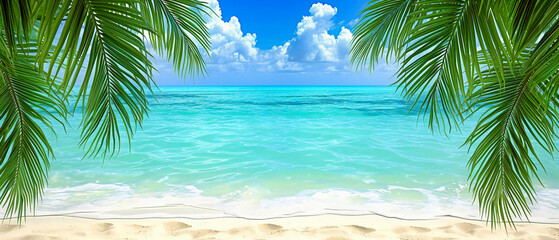 Tropical Beach Paradise with Crystal Clear Water, White Sand, and Palm Trees, Offering a Serene Vacation Destination