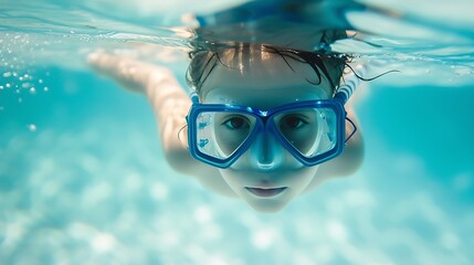 Naklejka premium Generative AI : A little boy with mask and snorkel enjoys the underwater life of the tropical ocean wth colorful fishes
