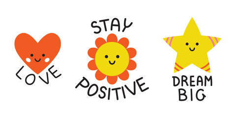 Fototapeta na wymiar Vector motivational sticker set. Cute smiling heart, flower and star with positive phrases. Funny motivation stickers for planner. Clipart collection in flat design.