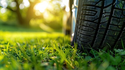 Close-up of summer car tires on lush green grass. Detailed shot showcasing the seasonal tread - obrazy, fototapety, plakaty