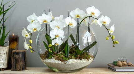 White Orchid Flowers in Glass Terrarium for Home Decor AI Generated.