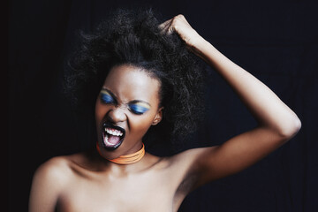 Beauty, hair and frustrated black woman on dark background for hairstyle, texture and natural afro....