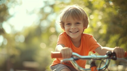 Fototapeta na wymiar Generative AI : Young smiling boy riding a bike