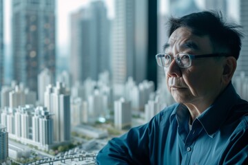 A bespectacled man gazes out of a towering skyscraper window, his human face reflecting the bustling city below, dressed in sleek clothing as he contemplates the endless possibilities of the urban sk