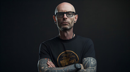 Cool digital artist with tattoo, black glasses and bald head - obrazy, fototapety, plakaty