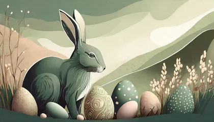 Fotobehang Ilustração minimalista de coelho da páscoa com ovos decorados. Ovo de páscoa, fertilidade, espaço para cópia. © Luis