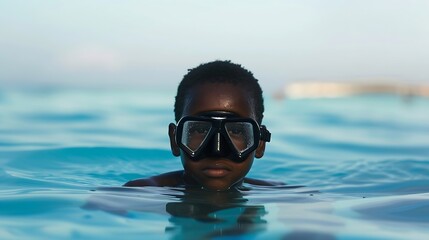 Naklejka premium Generative AI : African American boy of school age wearing mask and snorkel while diving in ocean 