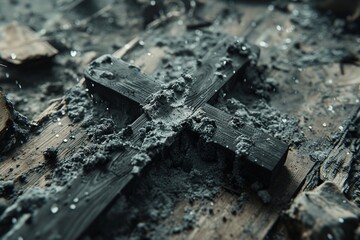 Capture the essence of Ash Wednesday with a visual representation showcasing the Christian cross and ash as symbols of religion, sacrifice, and the redemption of Jesus Christ