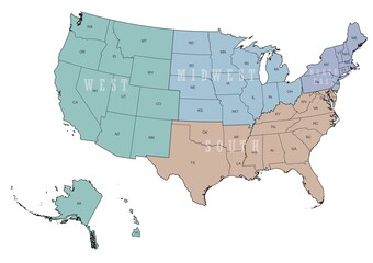 United States, geographic regions, colored political map. 