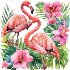 Flamingo in tropical plants on a white background. Watercolor illustration.