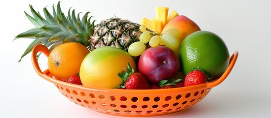 Assorted fresh organic ripe fruits in a rustic wicker basket on wooden table