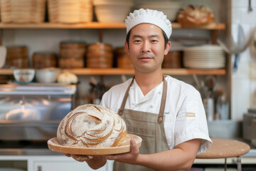 Baker or cooking chef holding fresh homemade sourdough bread in his hands