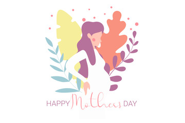 Happy Mother's day greeting card. Pregnant woman with baby. Modern hand drawn vector in flat style. Happy Mothers day text. Motherhood