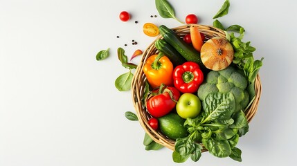 Generative AI : Healthy food in basket. Studio photography of different fruits and vegetables isolated on white backdrop - obrazy, fototapety, plakaty