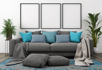 A modern living room with a gray sofa and a white wall with three empty poster layouts