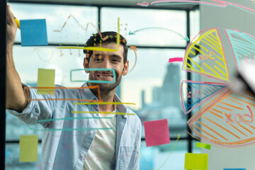 Professional caucasian business people looking at camera while standing near glass wall with marketing idea, sticky notes and statistic graph surrounded by businesspeople. Business planing. Tracery.