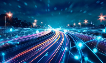Night traffic light lines of cars in motion on a city highway with technology light effect with background blur