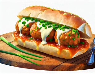 Meatball Sub Sandwich with Cheese and Scallion Illustration