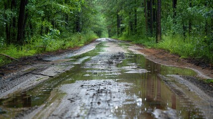 Obraz premium Scenic view of the forest road with water pits after rainfall