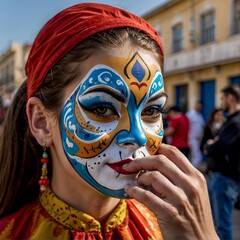 Girls with carnival patterns on their faces during the celebration of Purim.
