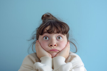 Fototapeta premium A little girl makes different faces of surprise or fright, smiling on a colored background