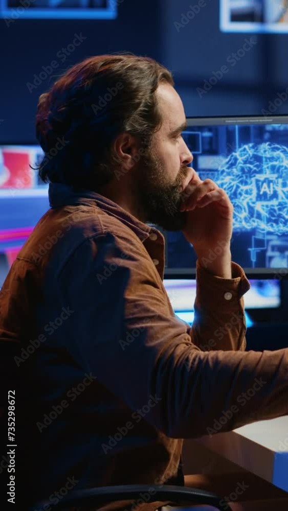 Poster developer updating artificial intelligence neural networks, typing on computer keyboard and drinking