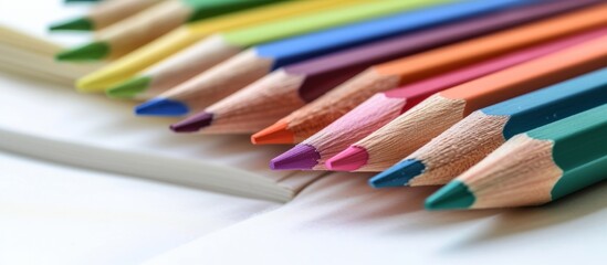 Vibrant array of various colored pencils neatly arranged on a bright white surface